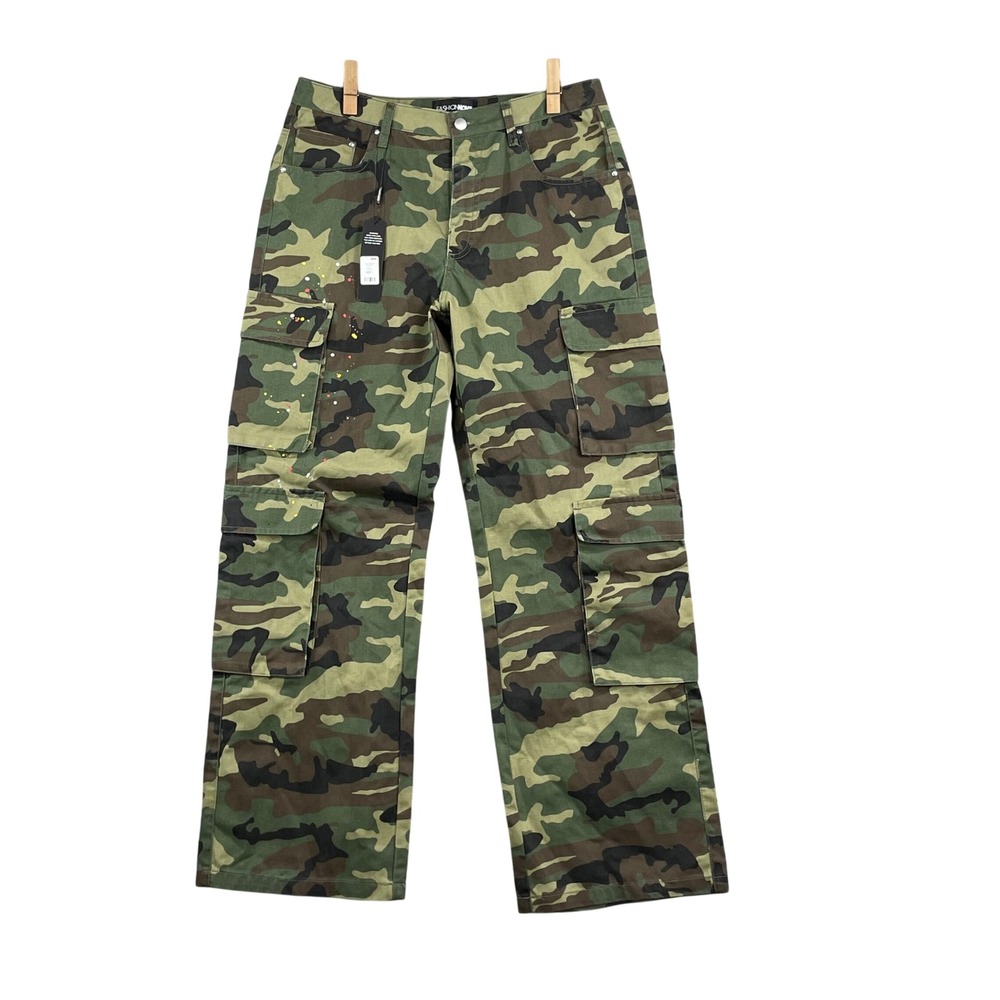 Fashion Nova Cargo Pants Mens Large‎ Green Camo Military Tactical Paint Splatter